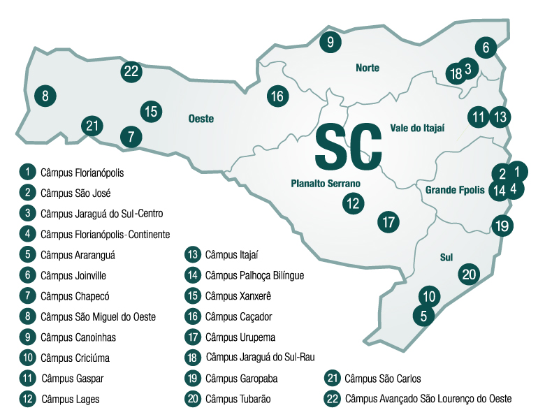 mapa de Santa Catarina com todos os campus do IFSC