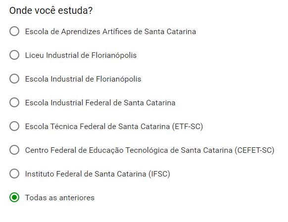 Lista de todos os nomes do IFSC com a opção "todas as anteriores" selecionada