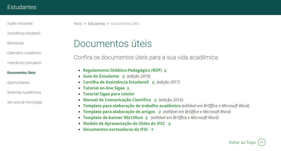 Print da área Documentos Úteis do Portal do IFSC