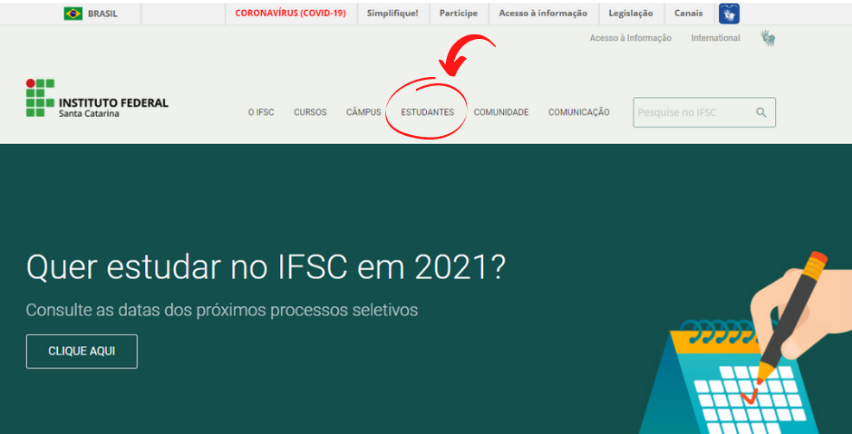 Home do Portal do IFSC com flecha apontando para o menu Estudantes