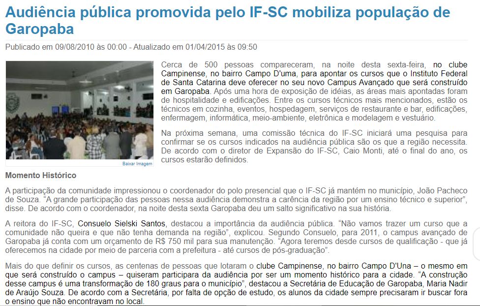 Notícia sobre audiência pública feita em Garopaba