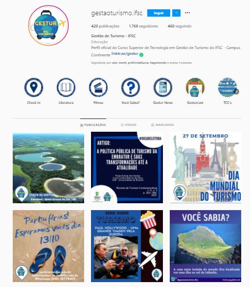Perfil no Instagram do curso de Gestão de Turismo do IFSC