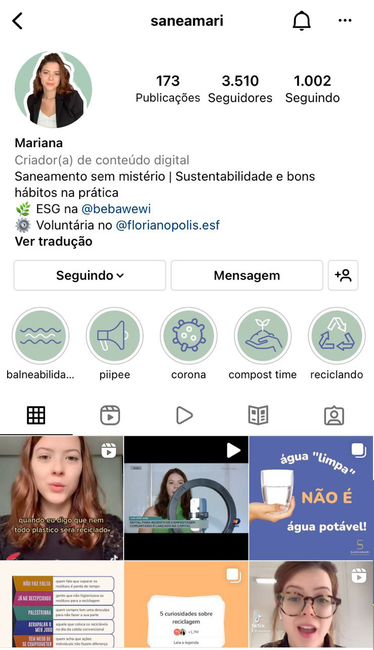 Print do perfil do Instagram de egressa @saneamari