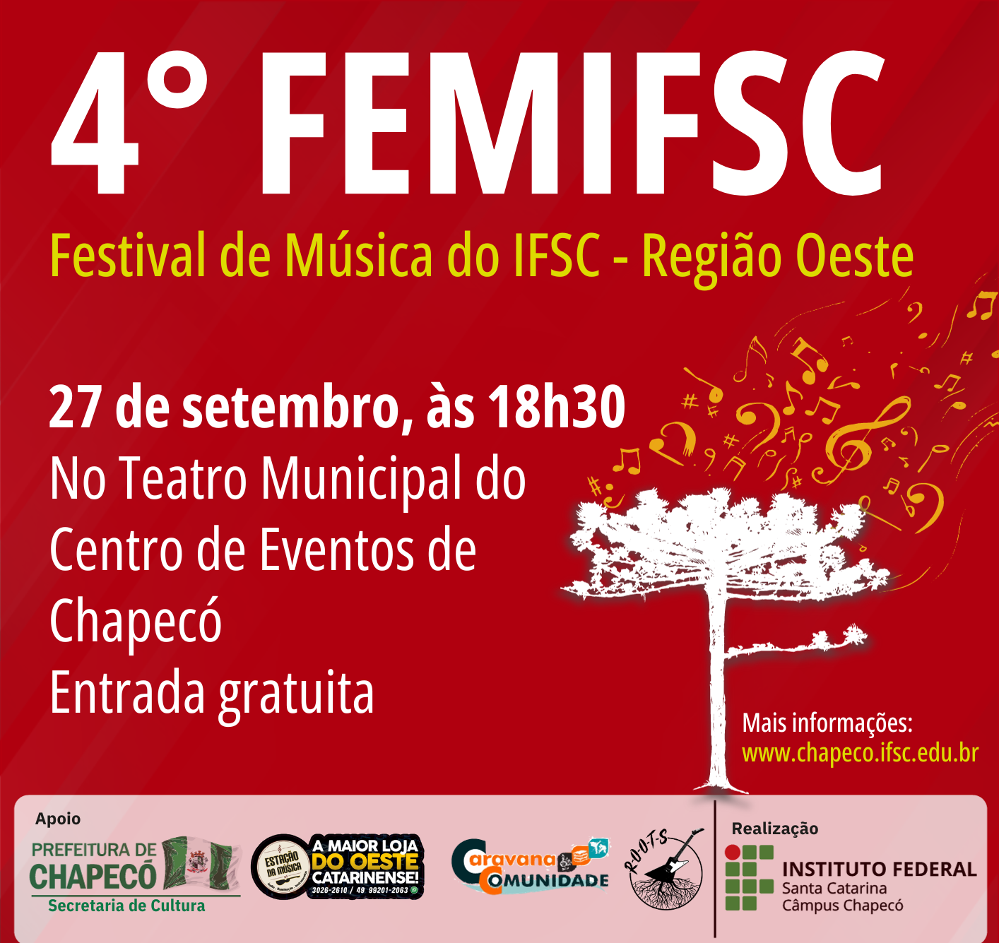 Festival será no dia 27 de setembro, no Teatro do Centro de Eventos de Chapecó