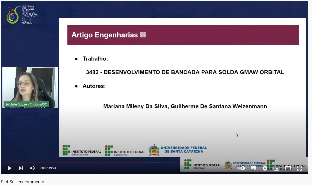 A estudante Mariana Miley da Silva foi premiada na categoria “Artigo Engenharias III”,  com o Trabalho de Conclusão de Curso (TCC) “Desenvolvimento de bancada para solda GMAW Orbital”