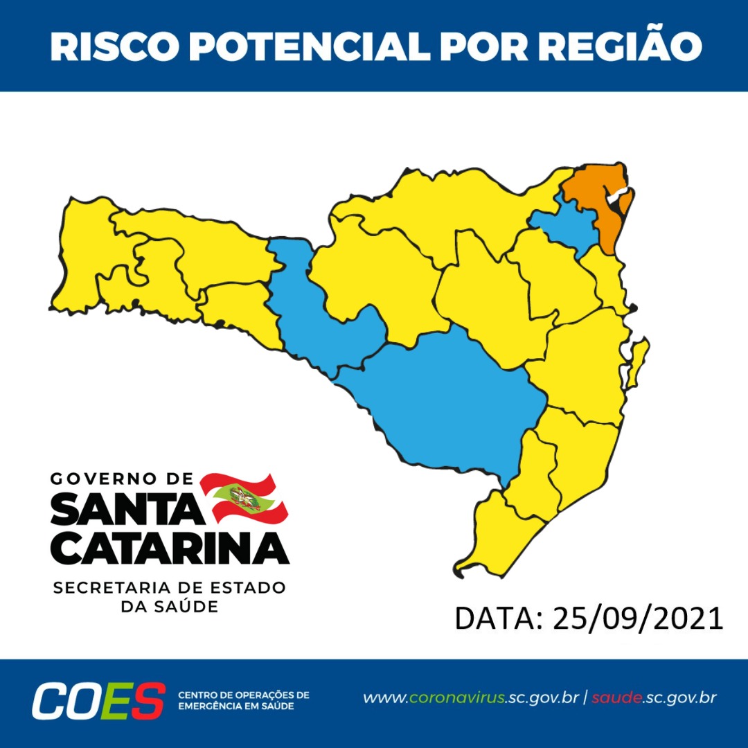 Mapa de risco de SC: região do Vale do Itapocu em azul, com Risco Potencial Moderado (fonte: Secretaria de Estado da Saúde / Elaborada em 25/09/21)