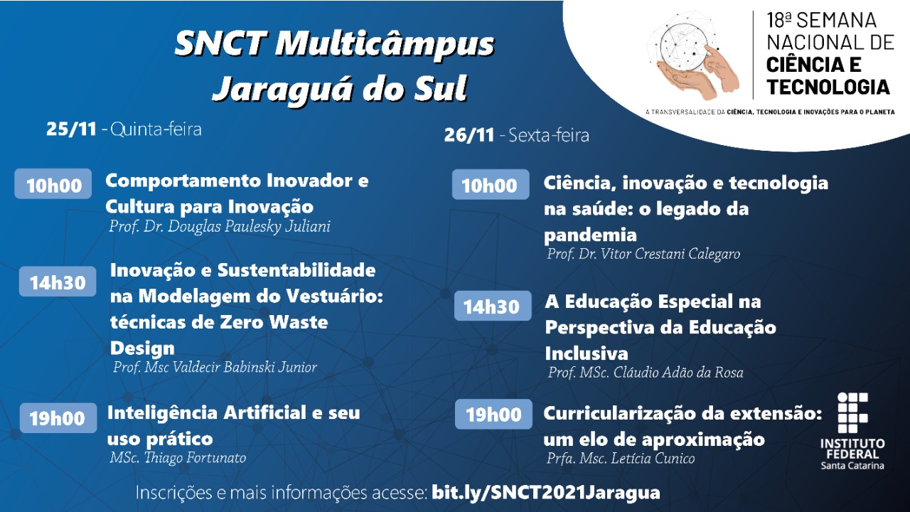 Programação completa da SNCT de Jaraguá do Sul em 2021.