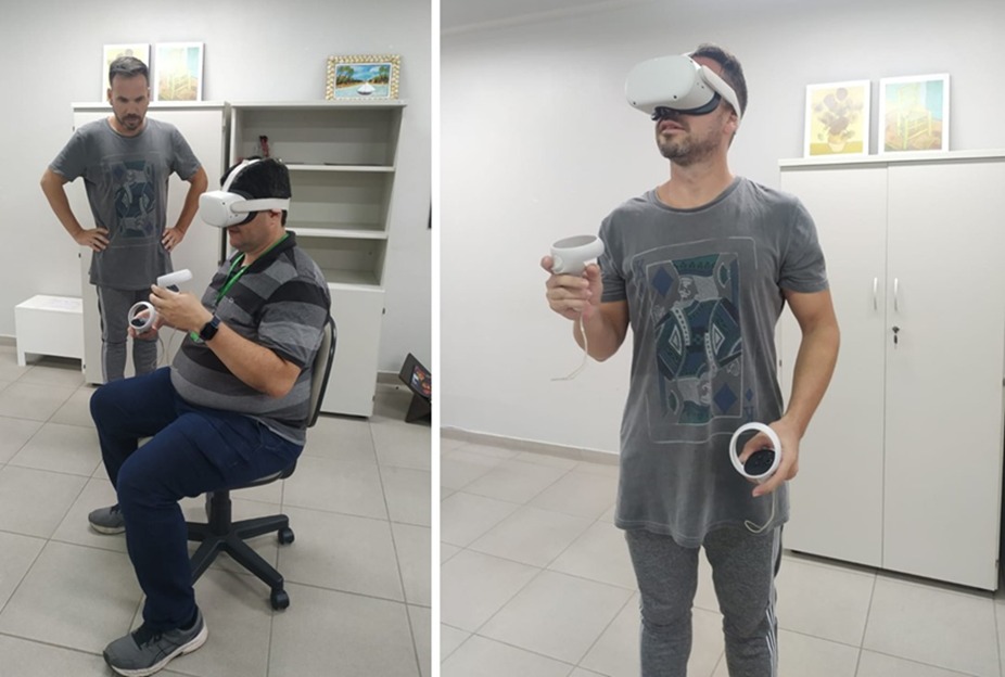 Integrantes do projeto testando o óculos de realidade virtual